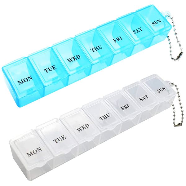 2 Stück Pillendose, tragbarer Pillen-Organizer Reise-Tabletten-Box 7 Tage Tablet-Organizer mit Fächern für Medikamente, Nahrungsergänzungsmittel, Vitamine und Lebertran (Weiß und Blau)