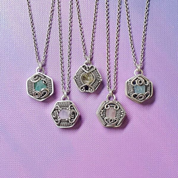 925 Silver Wire Wrapped Hexagon Raw Stone Necklace (Chrysoprase, Kunzite, Lemon Quartz, Rose Quartz, Aquamarine)