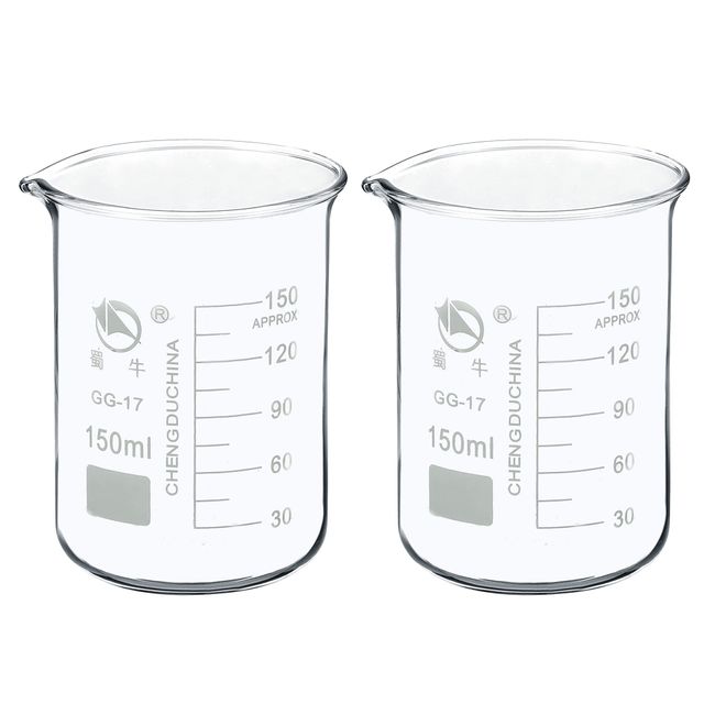 PATIKIL 2pcs 150ml Low Foam Glass Beaker, 3.3 Borosilicate Glass, Graduated Print, Scale Measuring Cups with Pouring Spout for Kitchen Lab Liquid