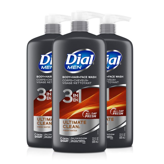 Dial Men 3in1 Body, Hair and Face Wash, Ultimate Clean, 69 fl oz (3-23 fl oz Bottles)