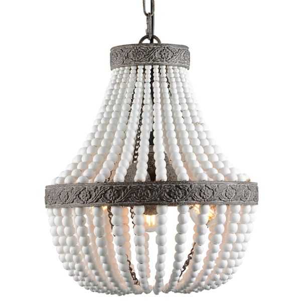 VILUXY 3-Light Bohemia Wood Beaded Chandelier Antique Rustic Pendant Light White Finishing for Bedroom, Kitchen Island, Girl Room