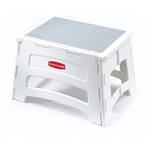 Rubbermaid RM-PL1W Folding 1-Step Plastic Step Stool, Lightweight & Anti-Slip, 300 lb Capacity, White