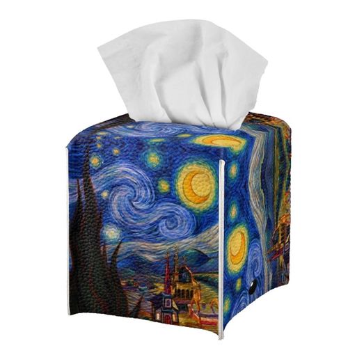 AFPANQZ Van Gogh Starry Night Tissue Box Cover Leather PU Square Tissue Box Holder Cover Modern Decoration Napkin Holder Case for Bathroom Vanity Countertop Blue