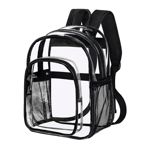Fmeida Clear Small Backpack, See Through Bag, Transparent Daypack for School, Travel & Work - Black