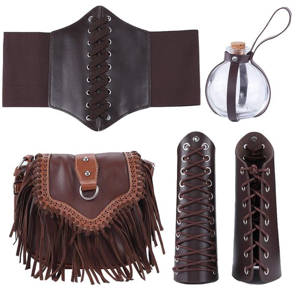 GORGECRAFT 5PCS Medieval Leather Costume Set Leather Arm Guard Wide Waistband Crossbody Bag withTassel Potion Bottle Kit for Women Halloween Renaissance Witches Cosplay Props Fancy Dress Party Outfit