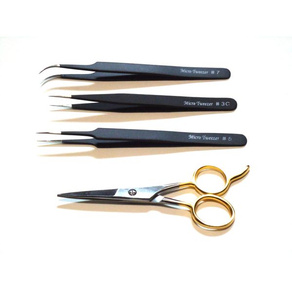 3 PCS Eyelash Extension Tweezers Straight & Curved Stainless + Scissors Set