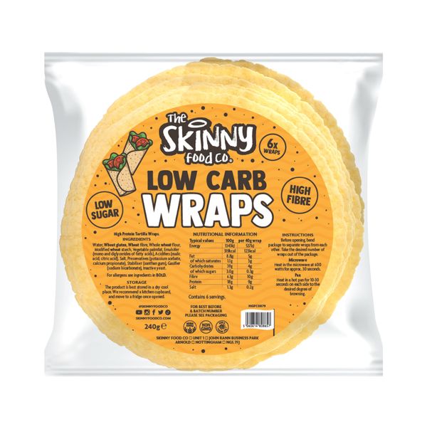 Skinny Food Co Low Carb Wraps 6 x 40g - High Protein Wraps (9g per Wrap) and 4g of Carbohydrates Per Wrap - High Fibre & Vegan Low Carb Tortilla Wraps - Low Calorie Wraps For Lunch, Breakfast, Dinner