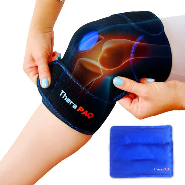 Knee Ice Pack Wrap By TheraPAQ: Hot & Cold Therapy Knee Support Brace - Adjustable Compression Sleeve For Bursitis Pain Relief, Meniscus Tear, Rheumatoid Arthritis, Injury Recovery, Sprains & Swelling