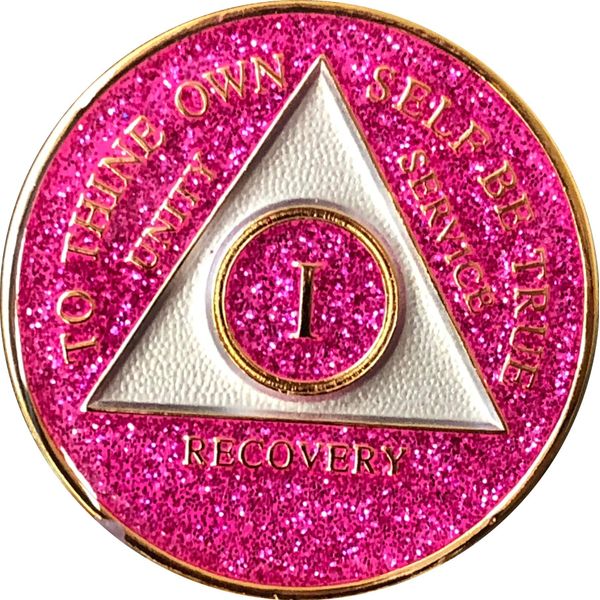 1 Year AA Medallion Glitter Pink Tri-Plate Chip