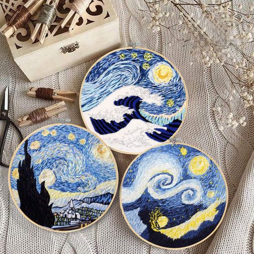 Santune 3 Sets Embroidery Cross Stitch Kits with Instructions,Needlepoint Kit with 3 Stamped Clothes,1 Hoop and 6 Needles,Women DIY Hand Crafts