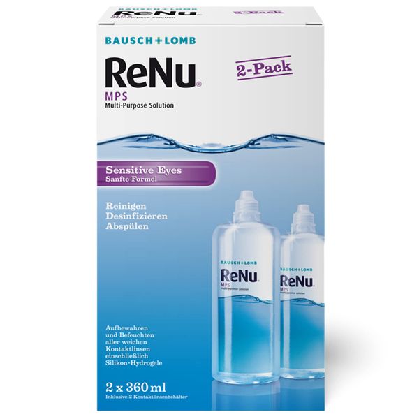 Bausch und Lomb ReNu MPS Sensitive Eyes Kombilösung - Kontaktlinsenreiniger und Aufbewahrungslösung, weiche Kontaktlinsen, 2 x 360 ml + 60 ml