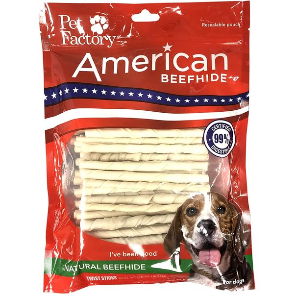 Pet Factory American Beefhide 5" Twist Sticks Dog Chew Treats - Natural Flavor, 1 lb