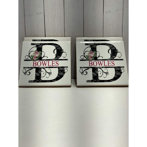 Personalized - Lace Floral - Split Monogram - Set of 4 - Tile Coasters - Gift Present for Wedding