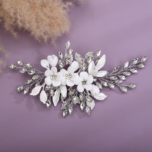 Teyglen Bridal Wedding Flower Rhinestone Hair Clip Hairpin Floral Silver Crystal Leaf Hair Barrette Handmade Wedding Hair Piece Hair Accessories for Women Bride Girls (Silver)