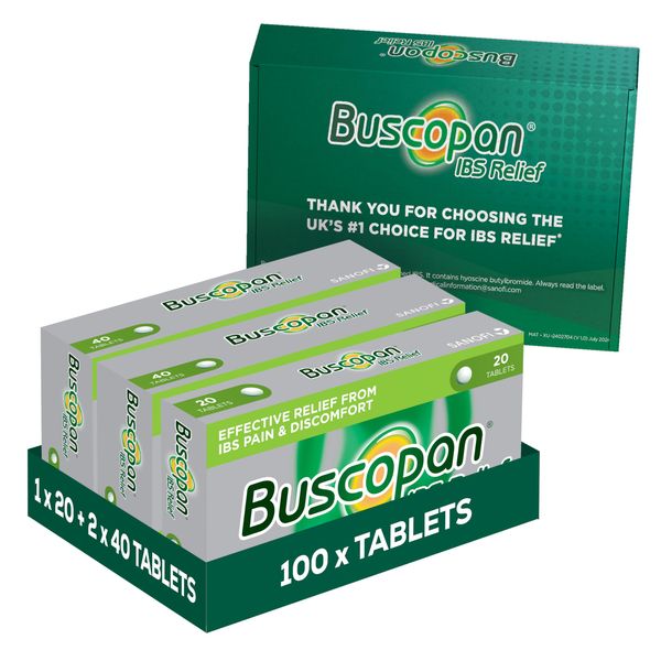 Buscopan IBS Relief Targets The Source of IBS Pain and Cramps, Starts to Work in 15 Minutes, 100 Tablets, Relief from IBS Pain & Discomfort, 100 Count