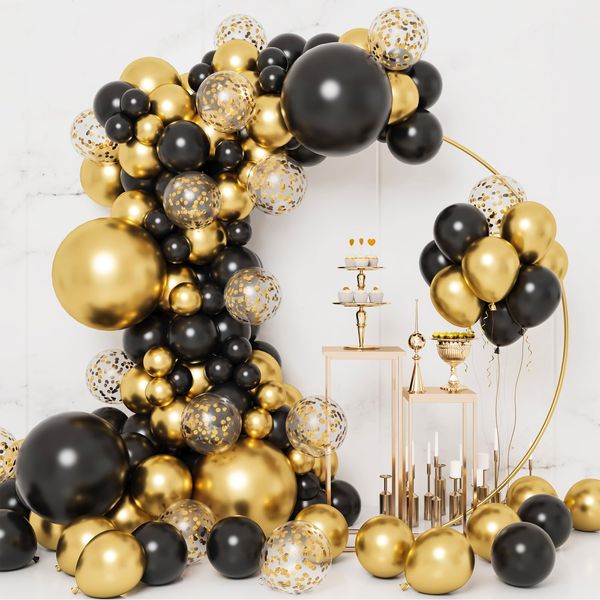 RUBFAC 130pcs Black and Gold Balloons, Balloons Garland Arch Kit, Black Metal Gold and Metallic Confetti Gold Balloons for Graduation Party Baby Shower Wedding Birthday Anniversary