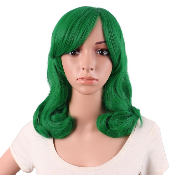 MapofBeauty 16 Inch/40 cm Short Side Bangs Medium Curly Wig (Grass Green)