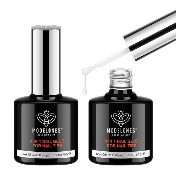 Modelones Gel Nail Glue, Nail Tip Adhesive, 0.5 fl oz (15 ml), Set of 2, 4 in 1 Glue for Nail Tips, Basecoat, Rhinestone Gel, Blooming Gel