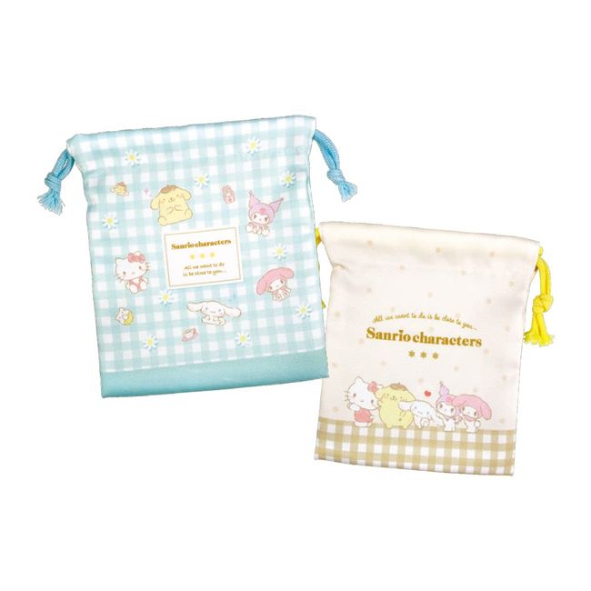 Tees Factory Sanrio 2P Drawstring Set, Gingham Flower, H7.9 x W 6.7 inches (20 x 17 cm), SR-5530223GF