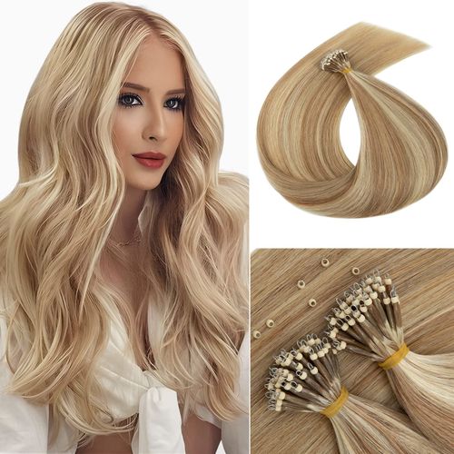 MY-LADY Nano Bead Hair Extensions Human Hair Invisible Nano Ring Hair Extensions Pre Bonded Cold Fushion Natural Nano Tips Extensions 50 Strands 50g 24 Inch #12P613 Golden Brown&Bleach Blonde