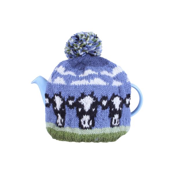 Pachamama Handknitted Medium 4-6 Cup 1.2L Wool Tea Cosy/Teapot Cover - Dairy Cow Pattern Insulated Handmade Fair Trade Multicoloured