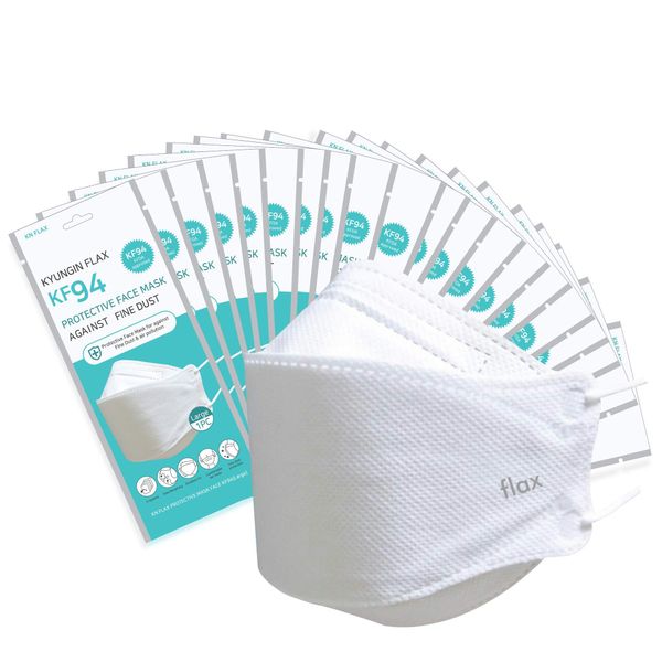 KF94 - Face Protective Mask for Adult (White) [Made in Korea] [20 Individually Packaged] KN FLAX Premium KF94 Certified Face Safety White Dust Mask for Adult [English Packing]