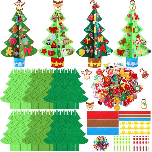 Moucuny 408 Pcs Christmas Tree DIY Craft Kits 3D Christmas Tree Felt Sets Christmas Tree Felt Decorations with Elk Gingerbread Man Penguin Snowman Candy Wreath Stickers for Party Favors Activities