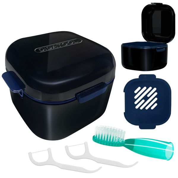 DIDATOOL Retainer Case, Denture Bath, Denture Cups for Soaking Dentures, Denture Pots with Lid, Easy to Carry and Clean Denture Case with Removable Rinse Basket and Finger Toothbrush (Black)