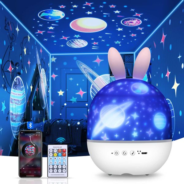 ALLOMN Night Light Projector for Kids, Bluetooth Dimmable Star Projector Light with 6 Films, 360° Rotation Baby LED Music Box Projector Night Light with Remote Control for Baby Girl Boy Gift