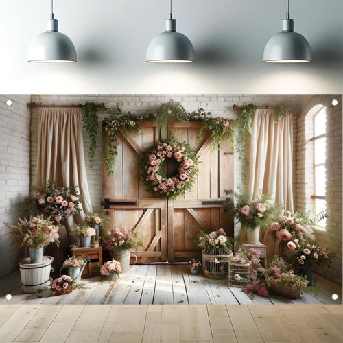 Starlit Patio Rustic Floral Wedding Backdrop 71 X 43 Inch Barn Door Photography Banner with Rose Wreath Greenery Garden Scene for Bridal Shower Engagement Party Indoor Outdoor Decoration