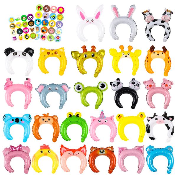 MALLMALL6 50p Zoo Animal Inflatable Headbands Wildlife Balloon Hair Hoop Include Forest Safari Farm Animals Jungle Theme Birthday Party Supplies with Animal Stickers Party Favors Costumes for Kids