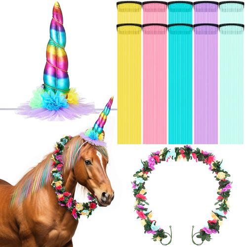 XunYee 12 Pcs Horse Costume Bling Accessory Floral Spiral Horn 10 Mane and Tail Clip in Hair Extensions Bling Pony Tinsel Rose Flower Vine for Real Horse Birthday Party Decor