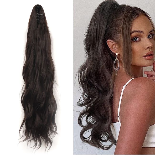 KARLOR Pferdeschwanz Haarteil mit Klammer, Zopf Extensions Haarverlängerung Lang gewellt 55 cm Kunsthaar Claw Clip Wavy Ponytail Extension Synthetik Zopf Damen Mädchen（schwarzbraun）