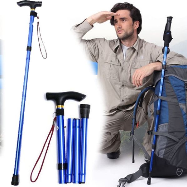 UEETEK Folding Walking Stick Cane Travel Crutch Alpenstock for Adjustable Aluminum Alloy (Blue)