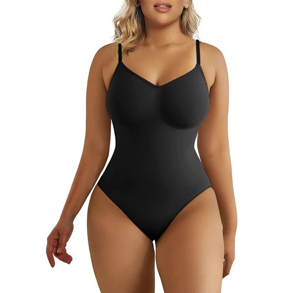 SHAPERX Bodysuit for Women Seamless Body Shaper Tummy Control Shapewear Thong Adjustable Strap, UK-SZ5215-Black-S/M