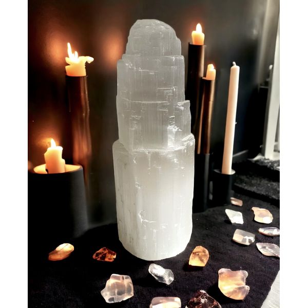 Selenite Mountain Pillars Handmade White Natural Raw Crystal Tower Healing Energy Mineral Meditation Charging Selenite Crystal Table Decorative Pillar Chakra Spiritual Gift Decorative (15cm)