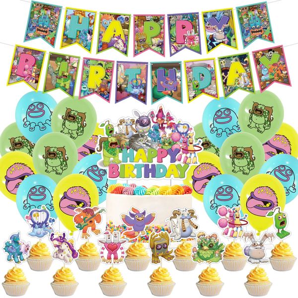 Singing Monsters Birthday Party Supplies,Singing Monsters theme birthday party supplies include Cupcake decoration, cake decoration, banner , balloons.