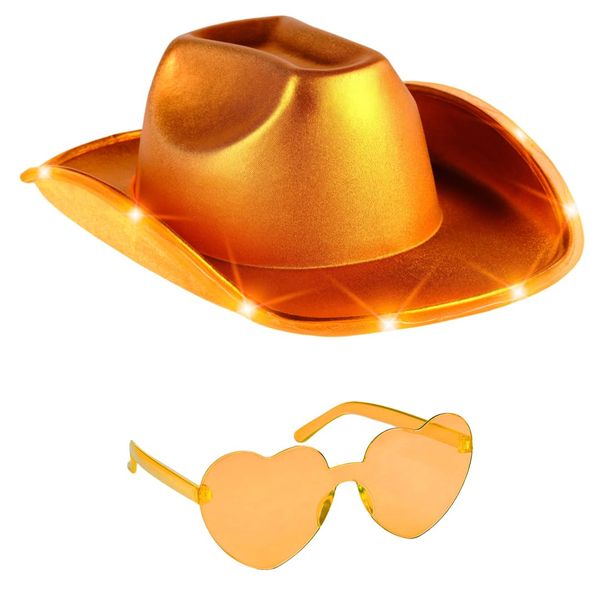 Funcredible Orange Light Up Cowboy Hat and Glasses - Holographic Led Orange Cowboy Hats for Women - Space Cowgirl Hat - Space Cowgirl Costume Outfit