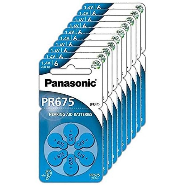 Panasonic PR675 Zinc Air batteries for hearing aids, type 675, 1.4V, hearing aid batteries, 10 packs (60 batteries) blue