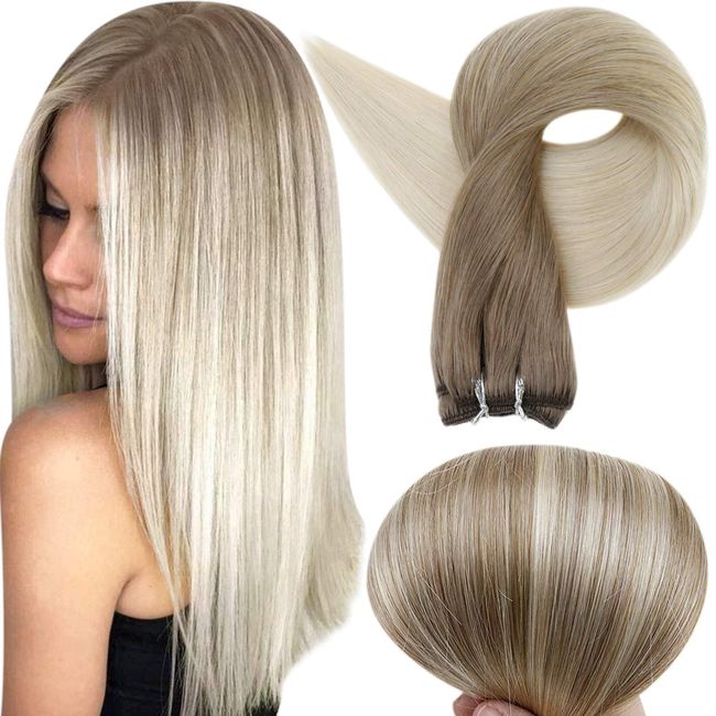 Full Shine Weft Hair Extensions 18 Inch Sew in Blonde Hair Weft Extensions Balayage Ombre Color 8 Light Brown to 60 Platinum Blonde Real Hair Extensions Weave 100 Grams Straight Sew in Bundles