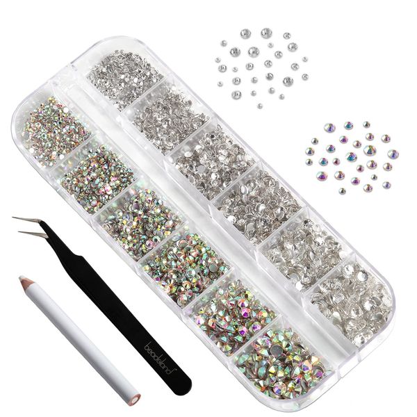 Beadsland 2880pcs Flatback Nail Rhinestones Kit, Makeup Rhinestones For Eyes Face,Clear AB and Crystal Rhinestones for Crafts Mix 6 Sizes (set 06)