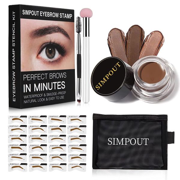 Eyebrow Stamp Stencil Kit for Beginner - Simpout Eye Brow Stamping Kit, Eyebrow Stamp Trio Kit, 29 Brow Stencils, Brow Eyebrow Kit with Sponge Applicator, Waterproof Eyebrow Kit (E01 Soft Auburn)