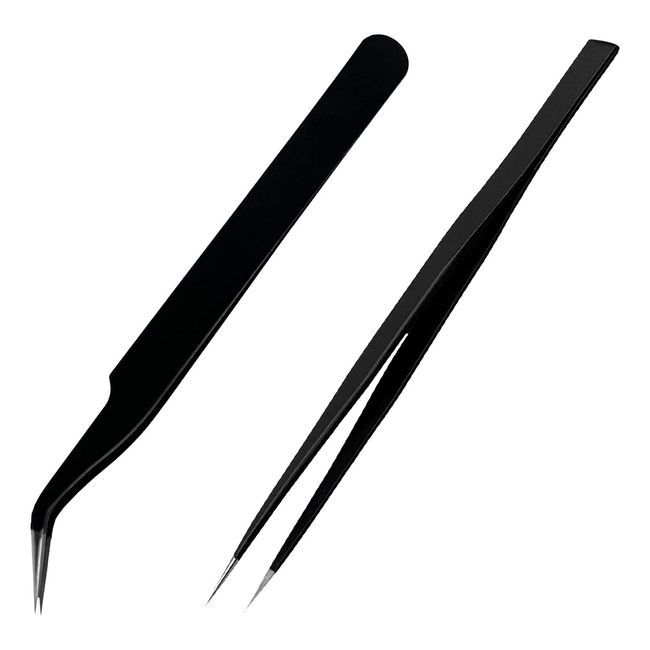 Rumyve Straight and Curved Stainless Steel Tweezers,2 PCS Eyelash Tweezers,Nail Art Tweezers,Eyelash Extension Tweezers(Black)