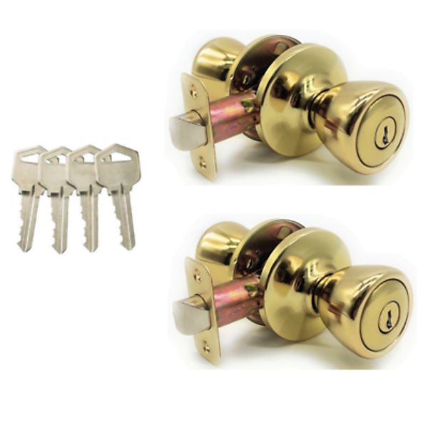 [2-PACK] Keyed Alike Entry Door Knob Lock Set, Polished Brass With 4 Keys