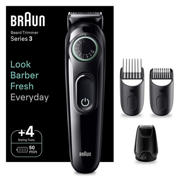 Braun Beard Trimmer Series 3 & Hair Clippers, 40 Length Settings, Rechargeable 50-min Cordless Runtime, Gifts for Men, UK 2 Pin Plug, BT3421, Black/Vibrant Green