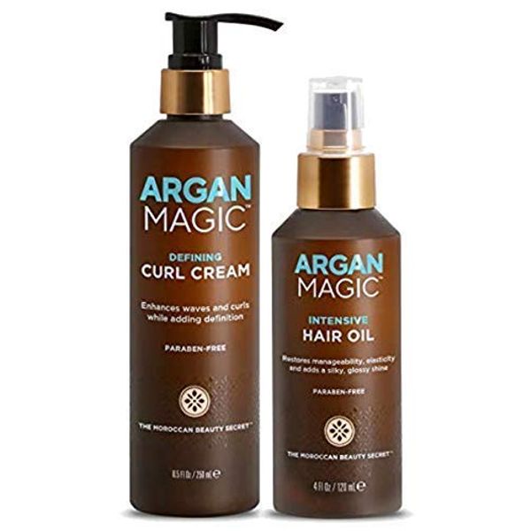 Argan Magic Defining Curl Cream & Hair Cream Oil Combo Pack - Enhances Waves & Curls, Adds Definition | Restores Manageability | Adds Silky, Glossy Shine | Made in USA | Paraben Free (8.5 oz / 4 oz)