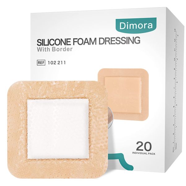 Dimora Silicone Foam Dressing with Border 20 Pack Adhesive 4"x4" Waterproof Wound Dressing Bandage for Wound Care