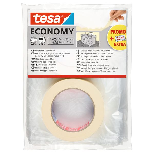 tesa Masking Tape ECONOMY EcoLogo - Painters Tape, 4 Days Residue-Free Removal, Without Solvent - Narrow, 2x 50 m x 30 mm Plus drop cloth