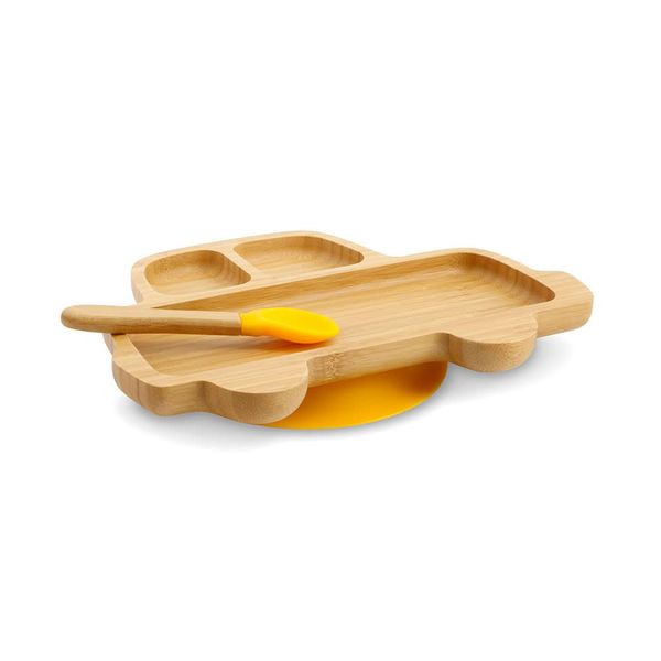 BIOZOYG Bamboo Plate Set Car I Suction Cup Plate with Spoon - FSC Certified I Cute Bamboo Wooden Bowl Set Toddler - Kids Plate & Snack Bowl I Baby Bamboo Tableware Yellow