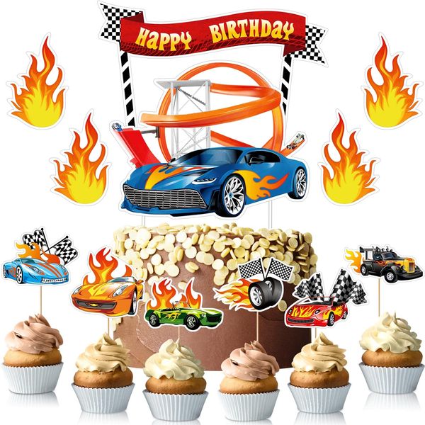 48 Pieces Hot Car Cake Topper Happy Birthday Cupcake Toppers Race Car Cake Decoration Checkered Flag Fire Car Theme Birthday Party Supplies for Boys Girls Game Party Favors